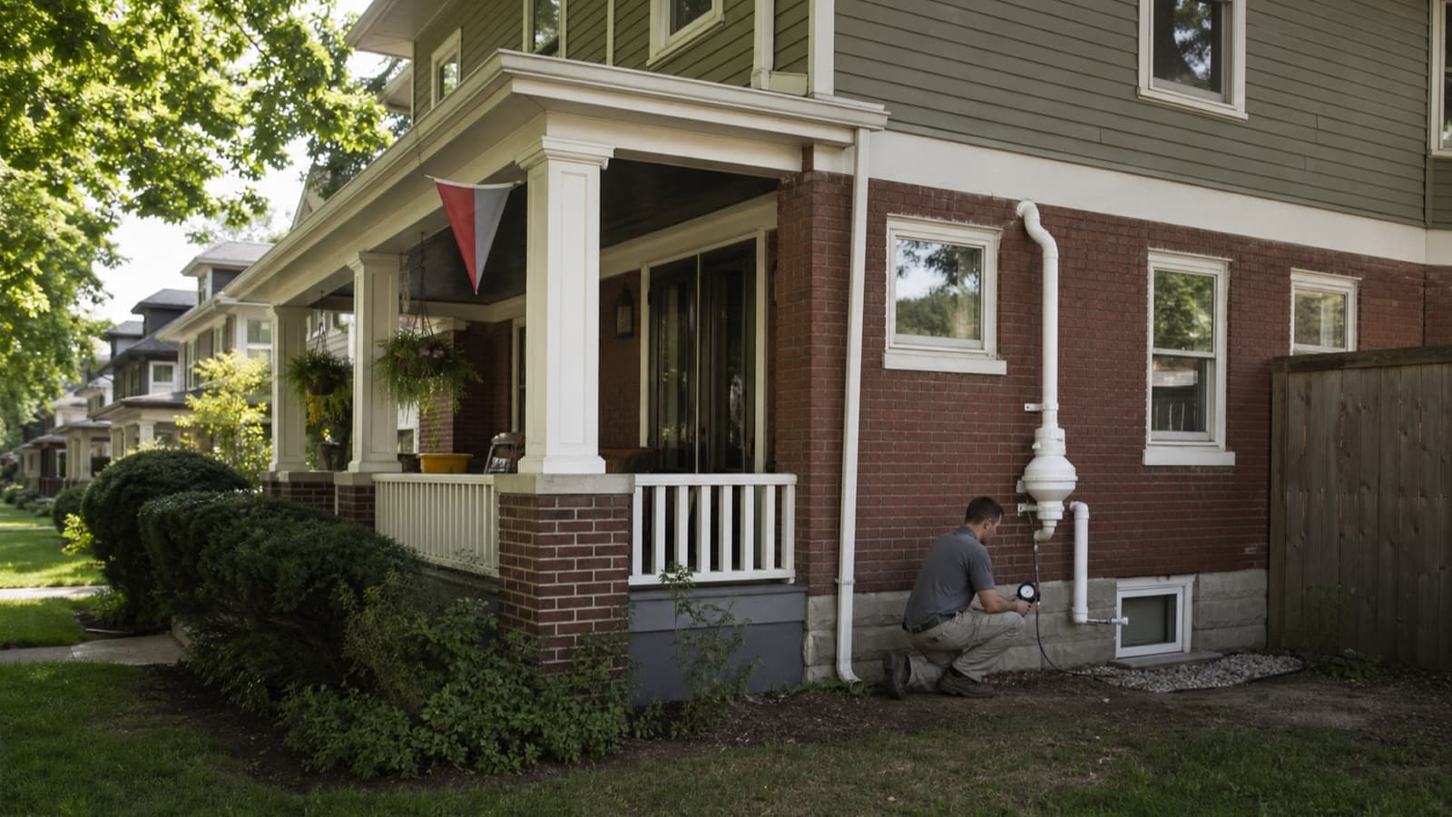 Radon technician checking an exterior mitigation system on a Columbus American Foursquare home