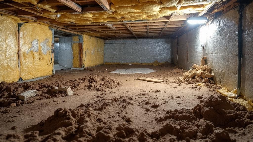 Cincinnati crawl space pre-mitigation, exposed dirt floor with old fiberglass insulation