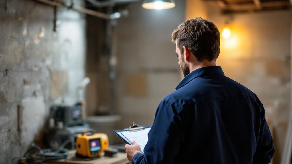Technician with clipboard performing radon assessment in Columbus basement
