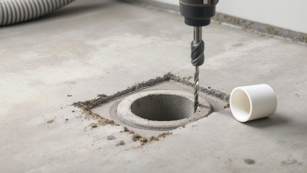 Core drilling through a basement slab as part of a radon mitigation install