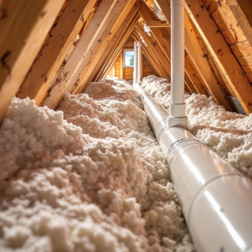 Properly bracketed PVC radon stack routed through a Columbus attic chase