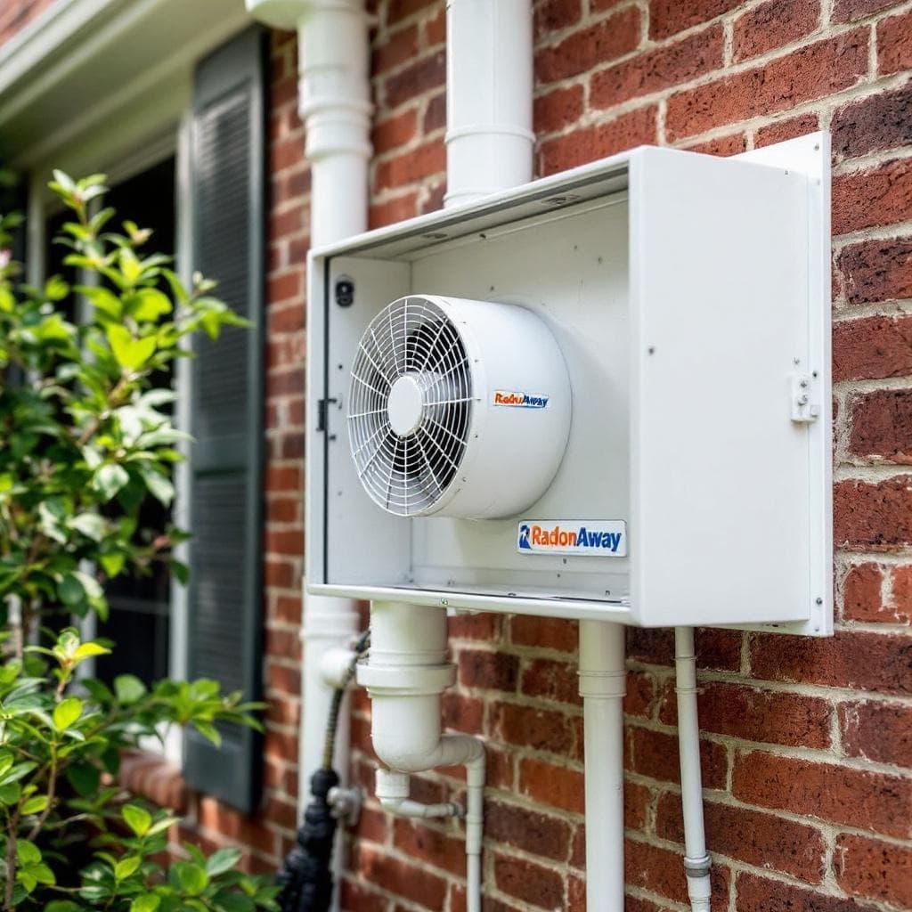 Inline RadonAway RP145 fan mounted in an exterior weather-rated cabinet on a Columbus home