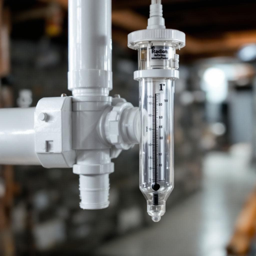 U-tube manometer showing healthy negative pressure on an active radon mitigation system in Cincinnati