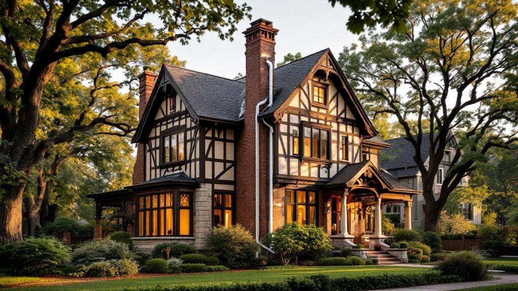 Active sub-slab depressurization radon mitigation system installed on a Columbus Tudor revival home, white PVC stack routed up the exterior chimney chase, golden hour lighting