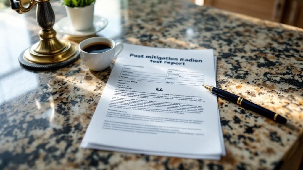 Post-mitigation radon test report on a kitchen counter showing pCi reading well below EPA action level