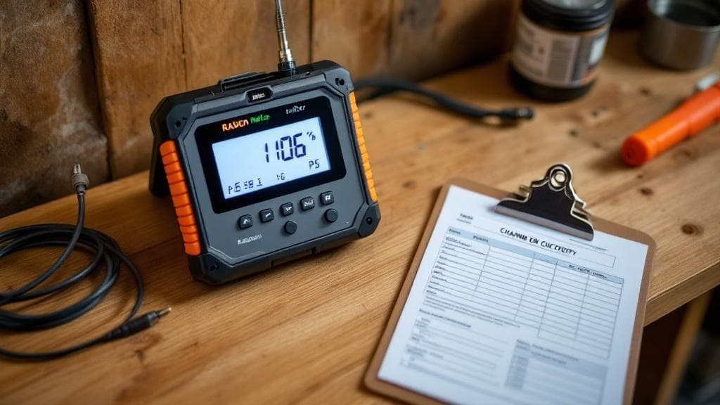 EPA-approved short-term radon test kit deployed on a basement workbench in a Cincinnati home